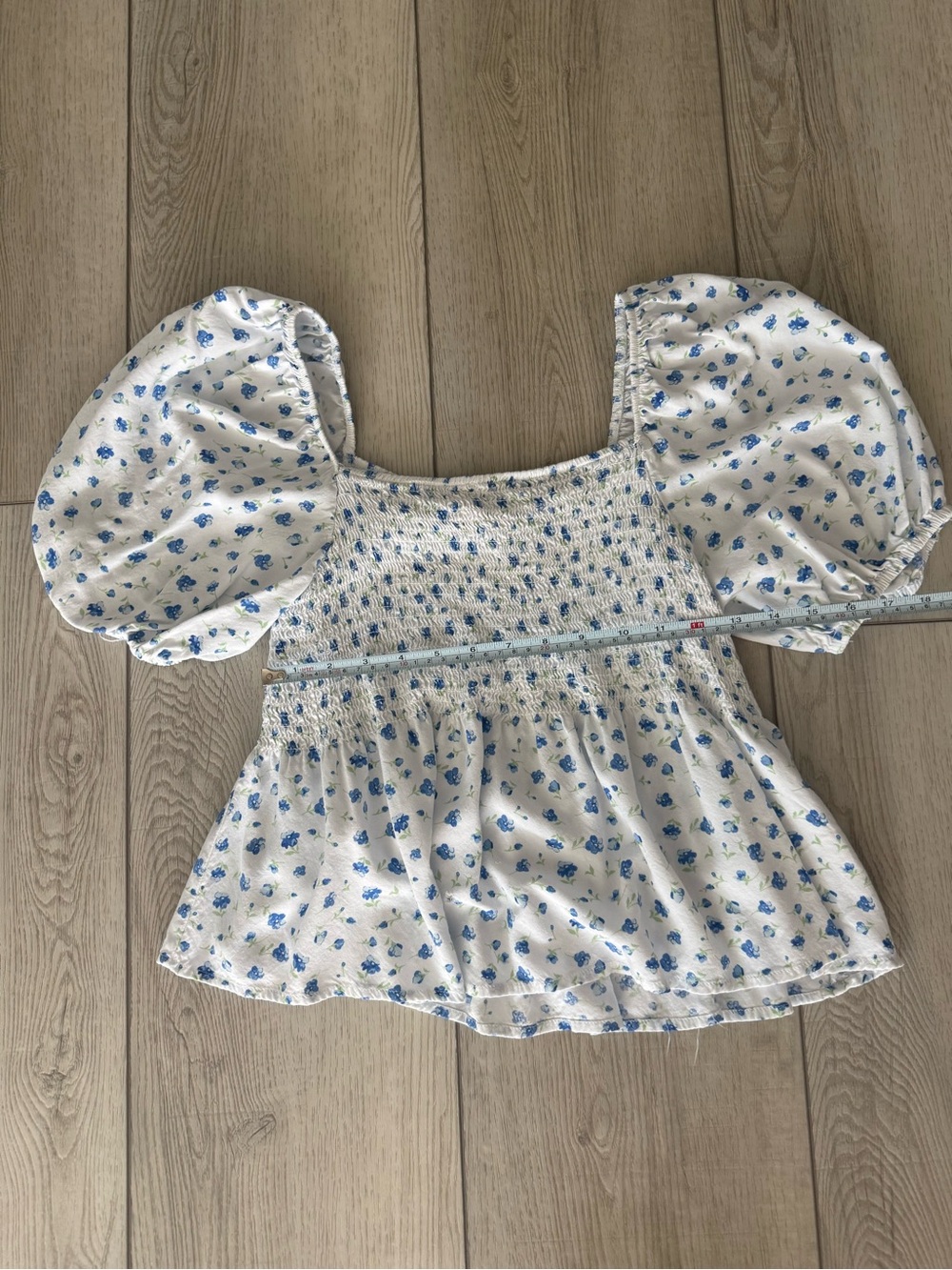 Smocked White Top with Blue Floral Puff Sleeves